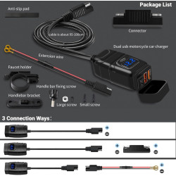Chargeur de Voiture, Prise USB QC 3.0 et Voltmètre LED 6-30V, Adaptateur USB Étanche pour Moto IP65 avec Interrupteur Marche-Arr