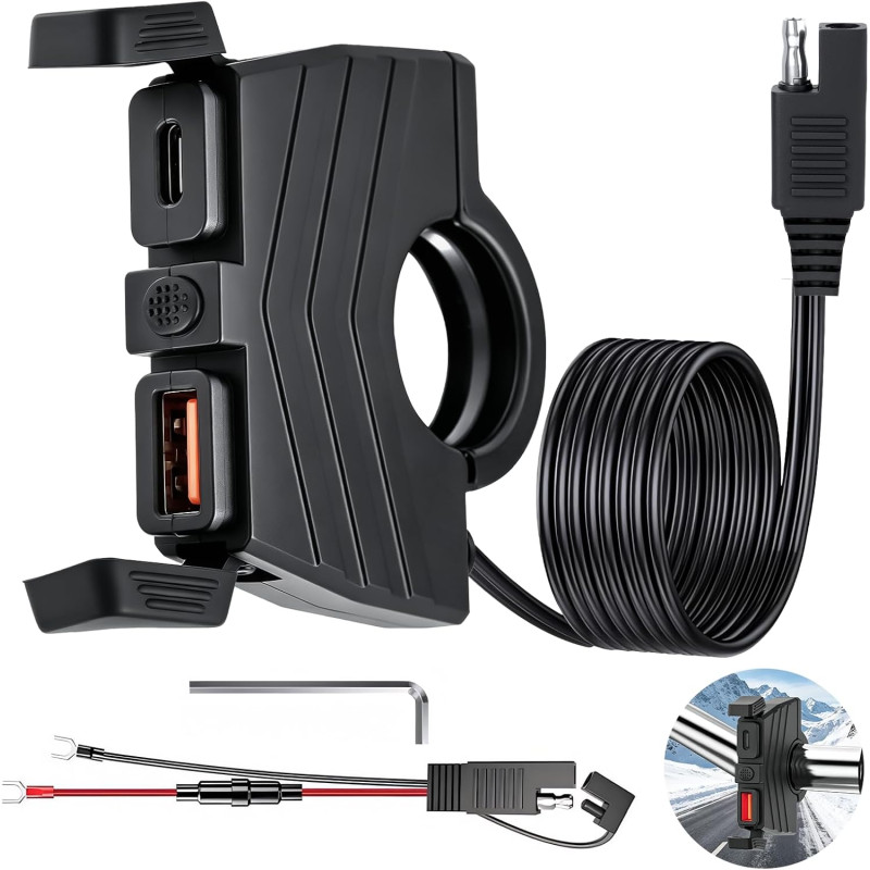 RUIZHI Chargeur USB Moto 12V 48W QC3.0 USB-A et PD Type-C Prise USB Moto Degré d'étanchéité IP65 Compatible avec Téléphone/GPS/A