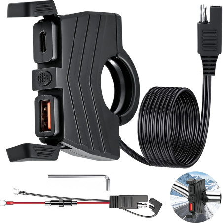 RUIZHI Chargeur USB Moto 12V 48W QC3.0 USB-A et PD Type-C Prise USB Moto Degré d'étanchéité IP65 Compatible avec Téléphone/GPS/A