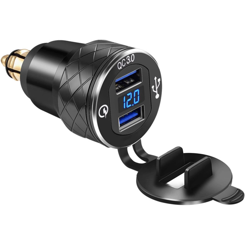 iMESTOU Chargeur de Moto en Aluminium DIN DIN Dual USB Chargeur Rapide 3.0A DIN Hella Adaptateur USB avec Voltmètre Compatible a