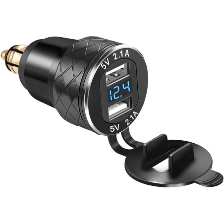 iMESTOU DIN Hella Plug Moto Dual USB Téléphone Chargeur Aluminium avec Voltmètre Imperméable Compatible avec des Motos 12V/24V B