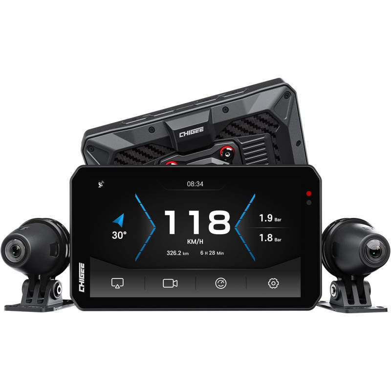 CHIGEE AIO-5 Evo Motorcycle Smart Riding System, Wireless CarPlay & Android Auto, Dual 1080P Front & Rear Dash Cam, Blind Spot D
