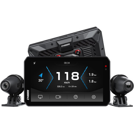CHIGEE AIO-5 Evo Motorcycle Smart Riding System, Wireless CarPlay & Android Auto, Dual 1080P Front & Rear Dash Cam, Blind Spot D