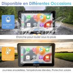 Carpuride w702 écran gps carplay pour moto, carplay sans fil & android auto, écran tactile étanche 7", double bleutooth, navigat