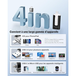 GNASEET Cle USB 256 Go, Clé USB 3.0 Transfert Grande Vitesse, 4 en 1 Clef USB Photo Stick Mémoire Externe pour iOS, Android, Pad