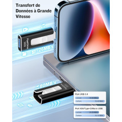 GNASEET Cle USB 256 Go, Clé USB 3.0 Transfert Grande Vitesse, 4 en 1 Clef USB Photo Stick Mémoire Externe pour iOS, Android, Pad