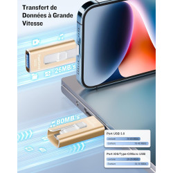 GNASEET Cle USB 256 Go, Clé USB 3.0 Transfert Grande Vitesse, 4 en 1 Clef USB Photo Stick Mémoire Externe pour iOS, Android, Pad