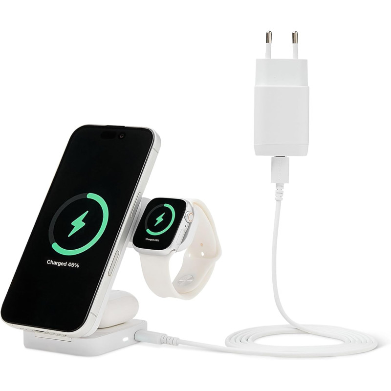 Amazon Basics Station de Recharge sans Fil 3 en 1 25 W certifiée Qi2.2, Support Pliable Compatible MagSafe pour iPhone 17/16/15/