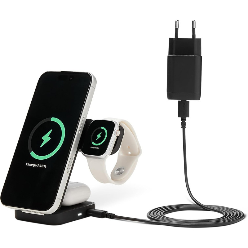 Amazon Basics Station de recharge sans fil 3 en 1 25 W certifiée Qi2.2, support pliable compatible MagSafe pour iPhone 17/16/15/