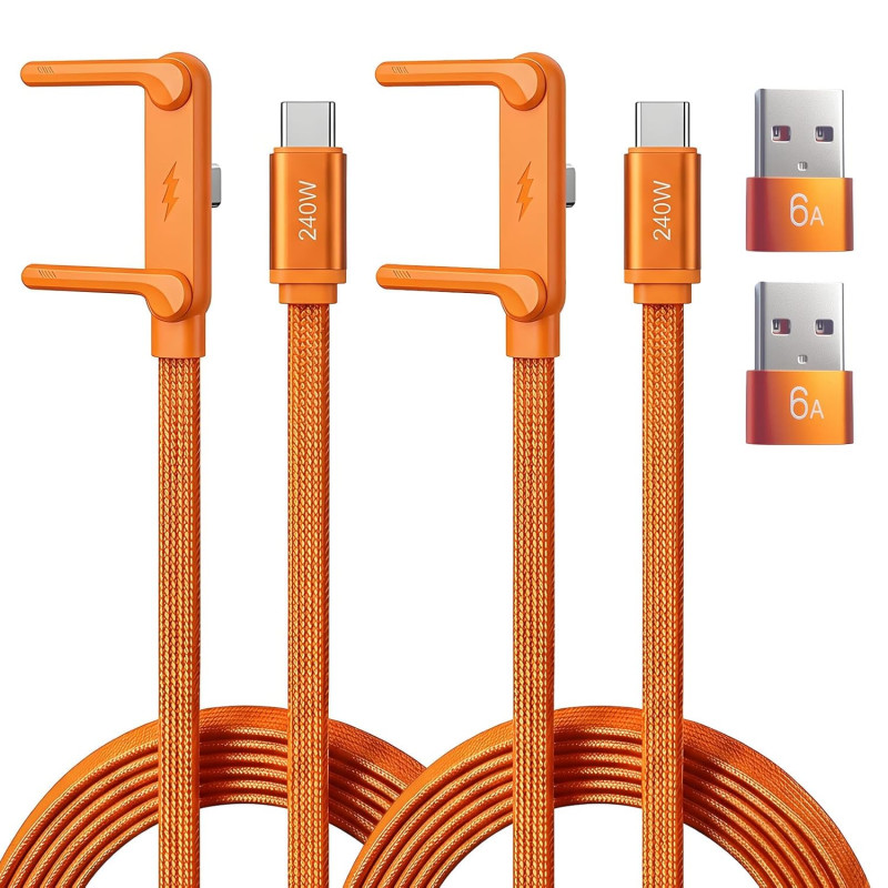 Câble USB C 240W 2 pièces avec 2 adaptateurs USB-A vers USB-C, chargeur support invisible 2 en 1 avec support téléphone, angle 9