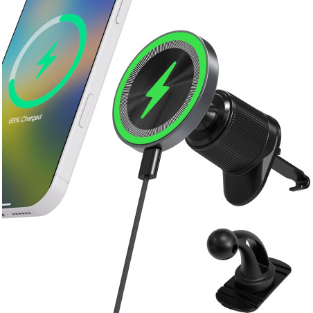 Support Telephone Voiture Induction-【15W Pro & Super Aimants】 Chargeur Mogsafe Voiture sans Fil, Chargeur Induction Voiture Magn