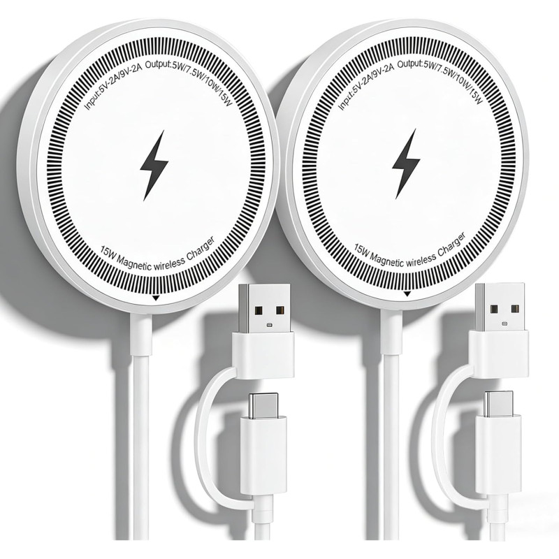 2PCS Chargeur sans Fil 15W, Blanc, Chargeur Rapide USB-C pour Téléphone et Écouteurs sans Fil, Design Élégant et Sécurisé, Compa