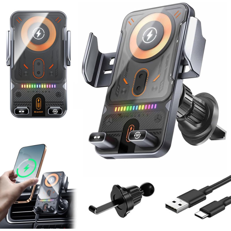 Support Intelligent 2 en 1 pour téléphone Portable avec Rotation Automatique et Chargeur sans Fil, 15W Qi Chargeur Induction Voi