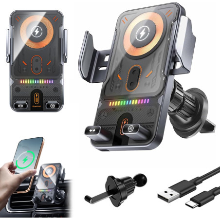 Support Intelligent 2 en 1 pour téléphone Portable avec Rotation Automatique et Chargeur sans Fil, 15W Qi Chargeur Induction Voi