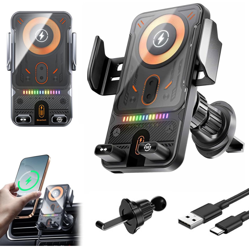 Support Intelligent 2 en 1 pour téléphone Portable avec Rotation Automatique et Chargeur sans Fil, 15W Qi Chargeur Induction Voi