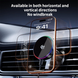 Chargeur de voiture magnétique sans fil 25 W avec lumière RVB, charge rapide, support de téléphone avec ventilateur de refroidis