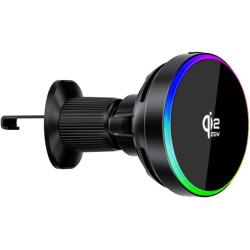 Chargeur de voiture magnétique sans fil 25 W avec lumière RVB, charge rapide, support de téléphone avec ventilateur de refroidis