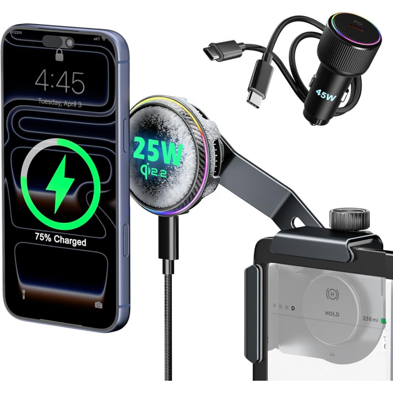 CloudValley Qi2.2 Support de téléphone sans fil 25 W pour Tesla Model Y/3, support de voiture magnétique réglable avec ventilate