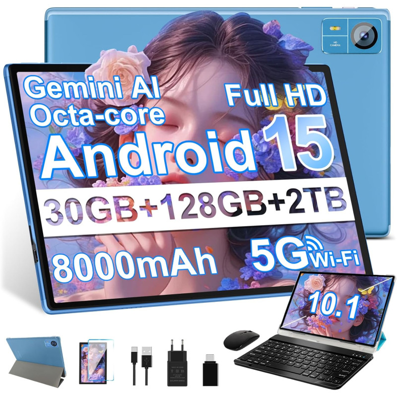2026 Tablette Android 15 30Go RAM+128Go ROM + TF 2To 10 Pouces,Gemini AI,Octo-Core, 8000mAh,GPS,Corps intégré en métal, 5MP+8MP,