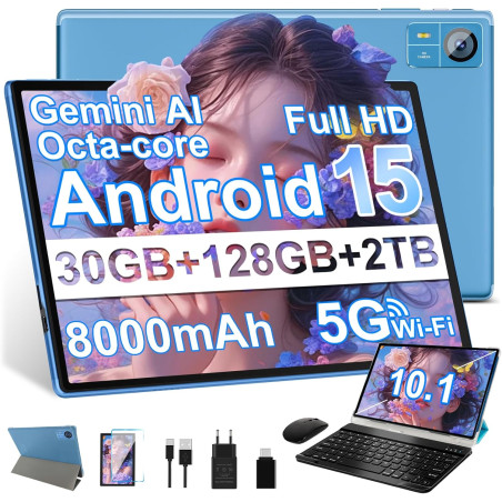 2026 Tablette Android 15 30Go RAM+128Go ROM + TF 2To 10 Pouces,Gemini AI,Octo-Core, 8000mAh,GPS,Corps intégré en métal, 5MP+8MP,
