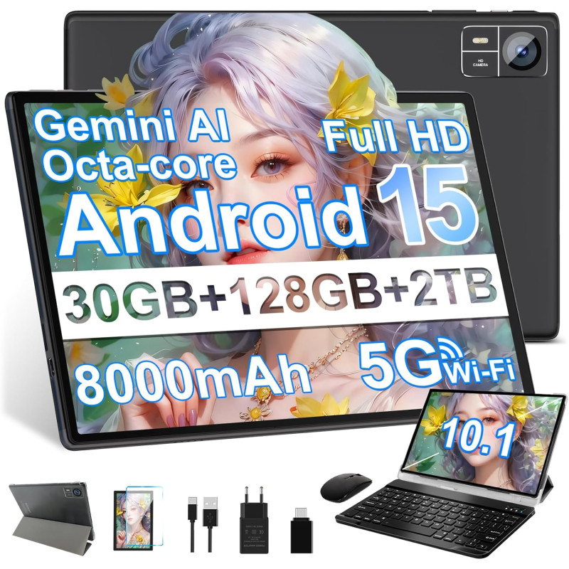 2026 Tablette Android 15 30Go RAM+128Go ROM + TF 2To 10 Pouces,Gemini AI,Octo-Core, 8000mAh,GPS,Corps intégré en métal, 5MP+8MP,