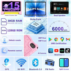 SUMTAB Tablette Tactile Enfant 10" HD, Android 15 Tablette pour Enfants, 30 Go RAM + 128 Go ROM (Extensible 2 to), 5G Wi-FI 6, p