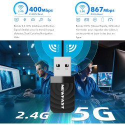 NEWFAST Clé WiFi Puissante AC1300 Mbps NF-U323, Nano Adaptateur USB WiFi, Double Bande 2.4G / 5GHz Clé WiFi pour PC, MU-MIMO, US