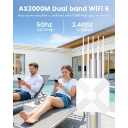 WiFi 6 Repeteur Puissant Exterieur, Amplificateurs WiFi avec Gigabit LAN, IP68 Étanche, Double Bande 2402Mbit 5GHz+574 Mbit 2,4 