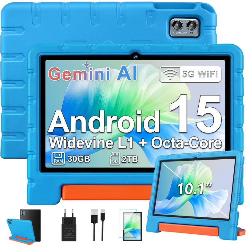 ZIOVO Tablette Enfants 10 Pouces Android 15, 30Go RAM+64Go ROM (TF 2To), 5G WiFi Tablettes, Gemini AI, Octa-Core/Widevine L1/Fac