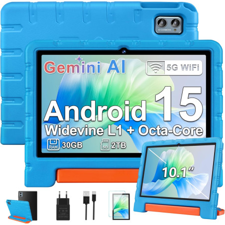 ZIOVO Tablette Enfants 10 Pouces Android 15, 30Go RAM+64Go ROM (TF 2To), 5G WiFi Tablettes, Gemini AI, Octa-Core/Widevine L1/Fac