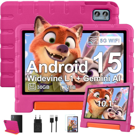ZIOVO Tablette Enfants 10 Pouces Android 15, 30Go RAM+64Go ROM (TF 2To), 5G WiFi Tablettes, Gemini AI, Octa-Core/Widevine L1/Fac
