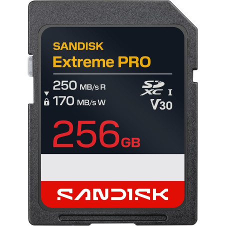 SANDISK Extreme Pro Carte SD UHS-I de 256 Go, Jusqu’à 250 Mo/s en Lecture et Jusqu’à 170 Mo/s en écriture, vidéo 4K UHD, U3, V30