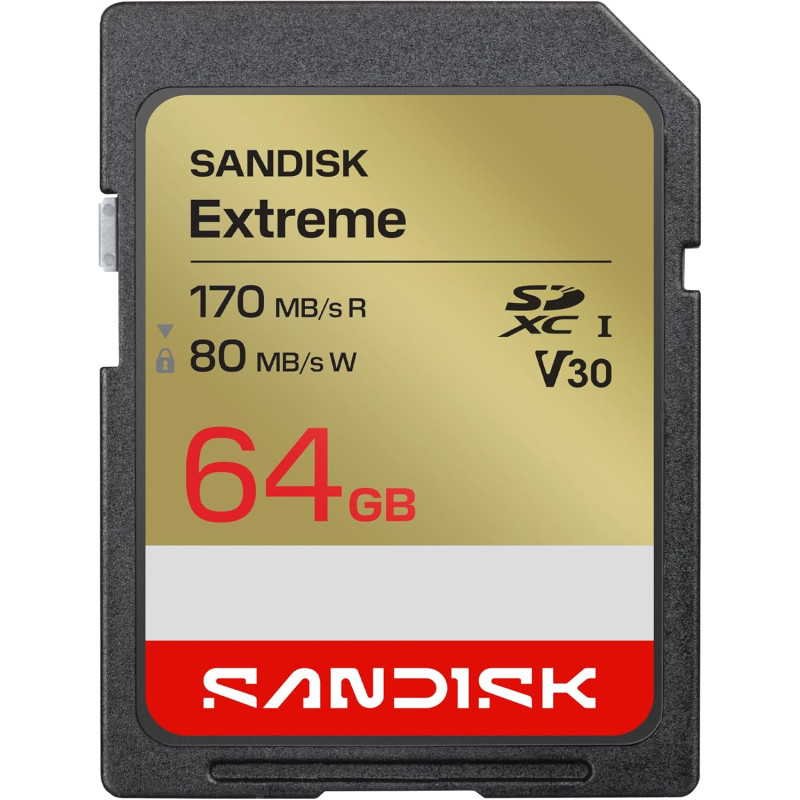 SANDISK Extreme Carte SD UHS-I 64 Go (Jusqu’à 170 Mo/s en Lecture et 80 Mo/s en écriture, vidéo 4K UHD, U3, V30) SANDISK Memory 