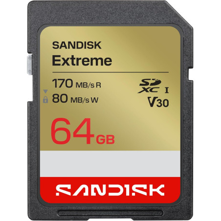 SANDISK Extreme Carte SD UHS-I 64 Go (Jusqu’à 170 Mo/s en Lecture et 80 Mo/s en écriture, vidéo 4K UHD, U3, V30) SANDISK Memory 