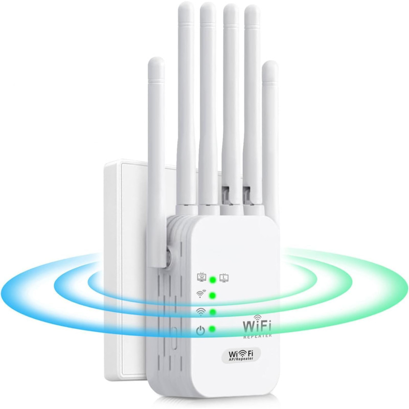 Répéteur WiFi, 1200 Mbps Amplificateur WiFi Puissant Double Bande 5 GHz & 2,4 GHz avec WPS, 6 Antennes et 2 Ports Gigabit Ethern