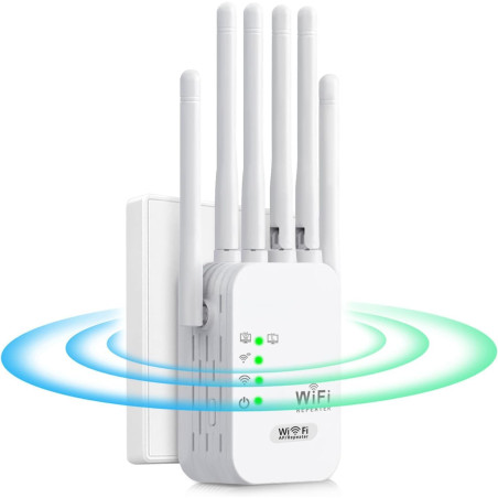 Répéteur WiFi, 1200 Mbps Amplificateur WiFi Puissant Double Bande 5 GHz & 2,4 GHz avec WPS, 6 Antennes et 2 Ports Gigabit Ethern