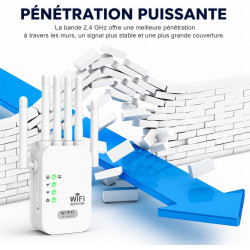 Répéteur WiFi, 1200 Mbps Amplificateur WiFi Puissant Double Bande 5 GHz & 2,4 GHz avec WPS, 6 Antennes et 2 Ports Gigabit Ethern