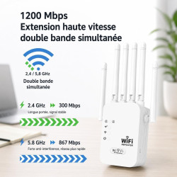 Répéteur WiFi, 1200 Mbps Amplificateur WiFi Puissant Double Bande 5 GHz & 2,4 GHz avec WPS, 6 Antennes et 2 Ports Gigabit Ethern
