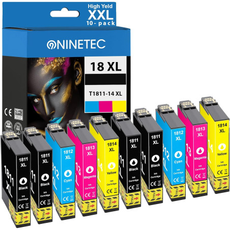 NINETEC Lot de 10 cartouches d'encre 18XL compatibles avec Epson 18XL Expression Home XP-102 XP-202 XP-205 XP-215 XP-225 XP-302 