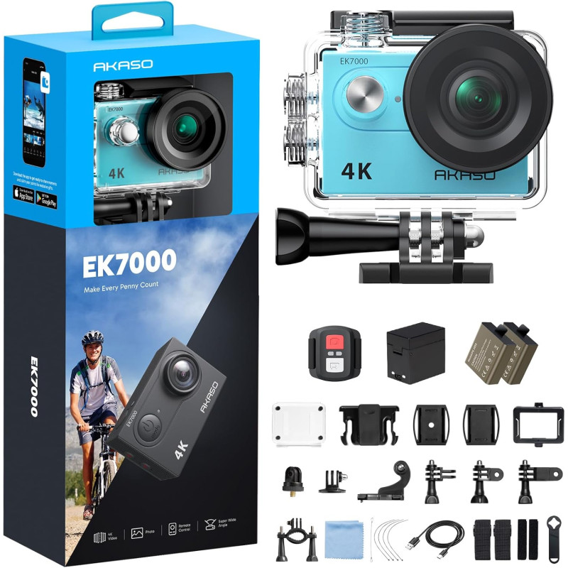 AKASO EK7000 Caméra Sport 4K 30fps 20MP WiFi Caméra d'action 170° Grand Angle Télécommande 2.4G Caméra Étanche 30M 2 Batteries B