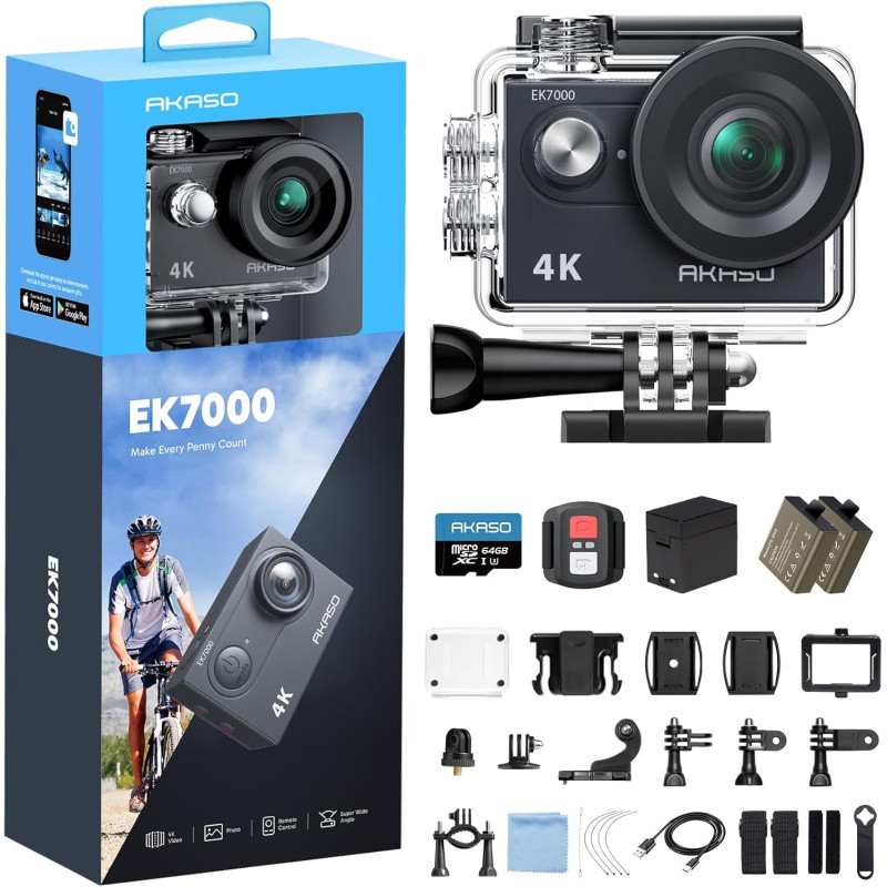 AKASO EK7000 Caméra Sport 4K 30fps 20MP WiFi avec Carte Mémoire microSDXC 64 Go, Action Camera 4k Étanche jusqu'à 30M avec Stabi