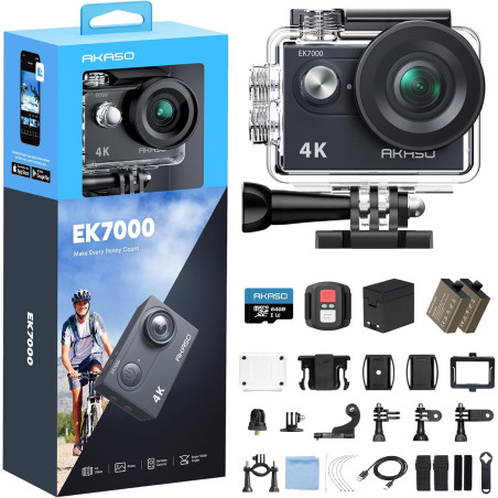 AKASO EK7000 Caméra Sport 4K 30fps 20MP WiFi avec Carte Mémoire microSDXC 64 Go, Action Camera 4k Étanche jusqu'à 30M avec Stabi