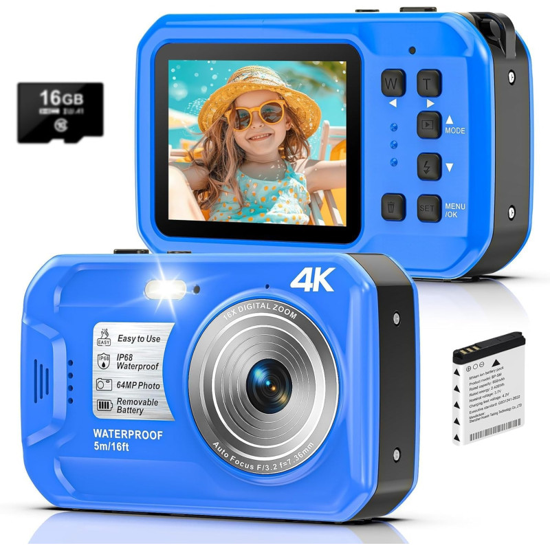 Appareil Photo Etanche Caméra sous-Marine 2,7k Caméra imperméable Full HD 64 MP 16ft pour plongée en apnée, écran de 2,7 Pouces 
