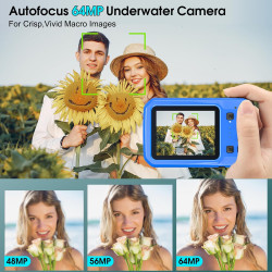 Appareil Photo Etanche Caméra sous-Marine 2,7k Caméra imperméable Full HD 64 MP 16ft pour plongée en apnée, écran de 2,7 Pouces 