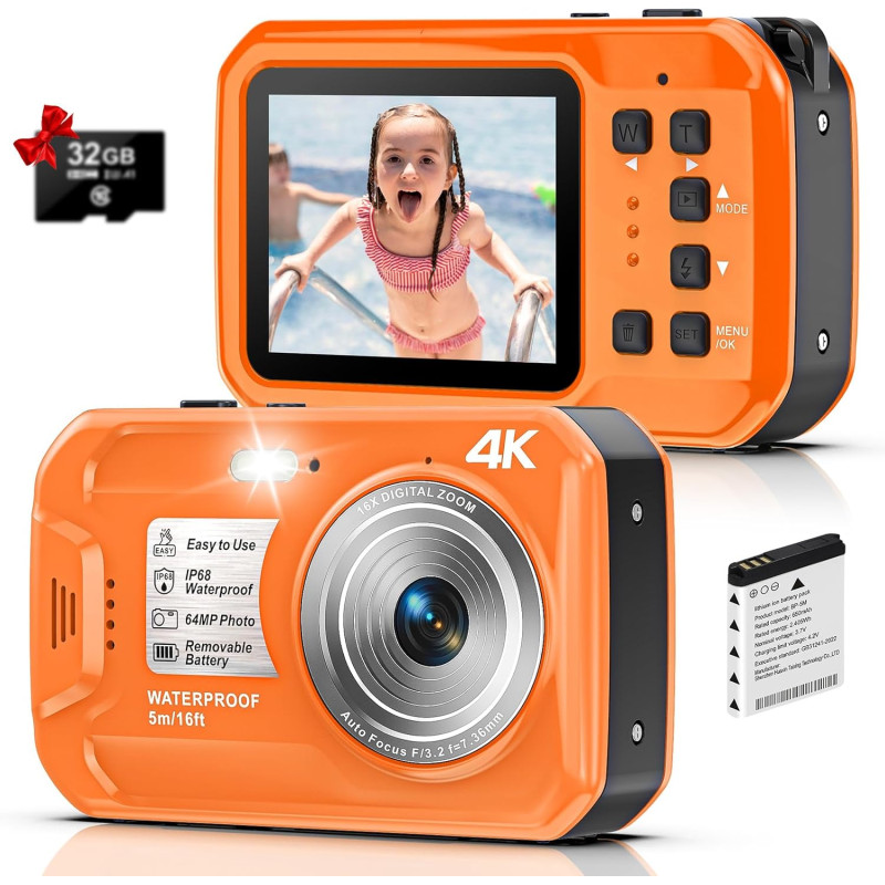 Appareil photo sous-marin 4K 64 MP 4 m étanche pour plongée avec tuba, écran IPS HD, zoom numérique 16X et carte 32 Go