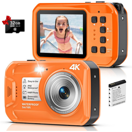 Appareil photo sous-marin 4K 64 MP 4 m étanche pour plongée avec tuba, écran IPS HD, zoom numérique 16X et carte 32 Go