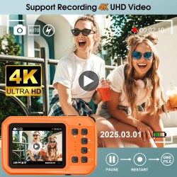 Appareil photo sous-marin 4K 64 MP 4 m étanche pour plongée avec tuba, écran IPS HD, zoom numérique 16X et carte 32 Go