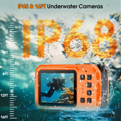 Appareil photo sous-marin 4K 64 MP 4 m étanche pour plongée avec tuba, écran IPS HD, zoom numérique 16X et carte 32 Go