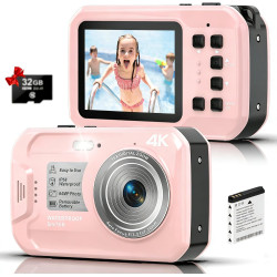 Appareil photo sous-marin 4K 64 MP 4 m étanche pour plongée avec tuba, écran IPS HD, zoom numérique 16X et carte 32 Go