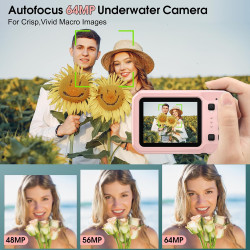 Appareil photo sous-marin 4K 64 MP 4 m étanche pour plongée avec tuba, écran IPS HD, zoom numérique 16X et carte 32 Go